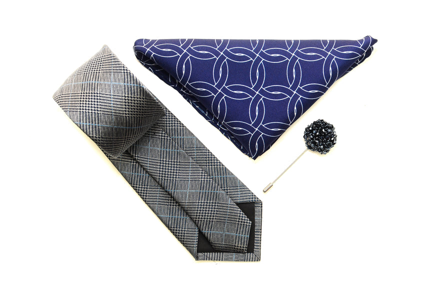 Grey Plaid tie set with pocket square and lapel pin from Ocean Boulevard