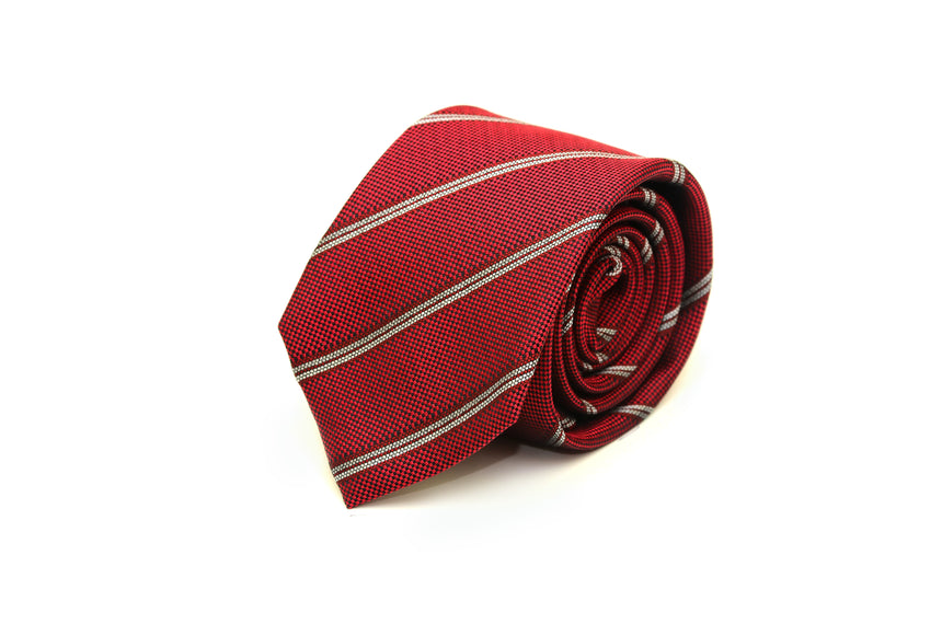 Red Stripe Silk Tie Set with Pocket Square and flower lapel pin from Ocean Boulevard